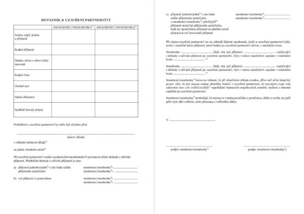 T989 Dotazník k uzavření partnerství (strana 1 a 2)